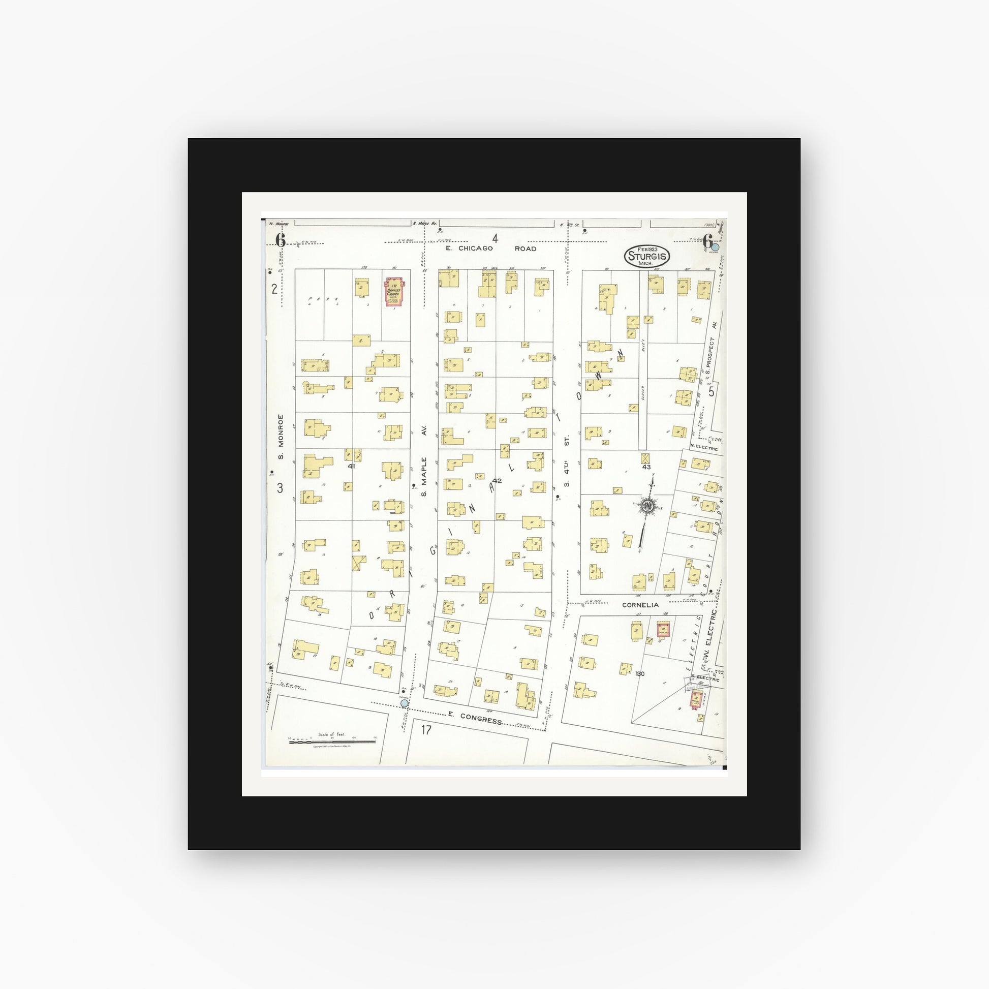 Old map wall art mockup — black gallery frame with white mat — Sanborn Fire Insurance Map from Sturgis, Saint Joseph County, Michigan (1923), Sheet #0006