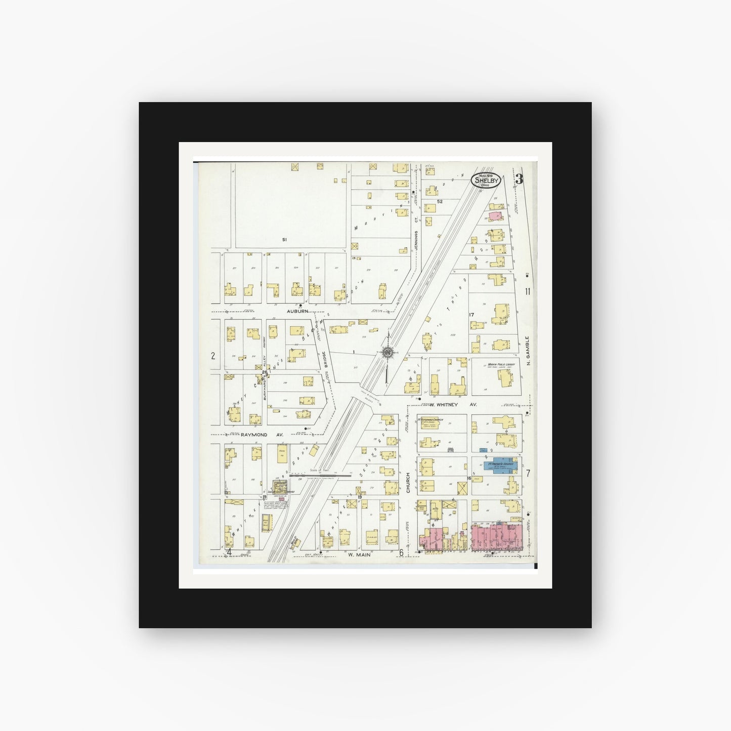 Old map wall art mockup — black gallery frame with white mat — Sanborn Fire Insurance Map from Shelby, Richland County, Ohio (1919), Sheet #0003