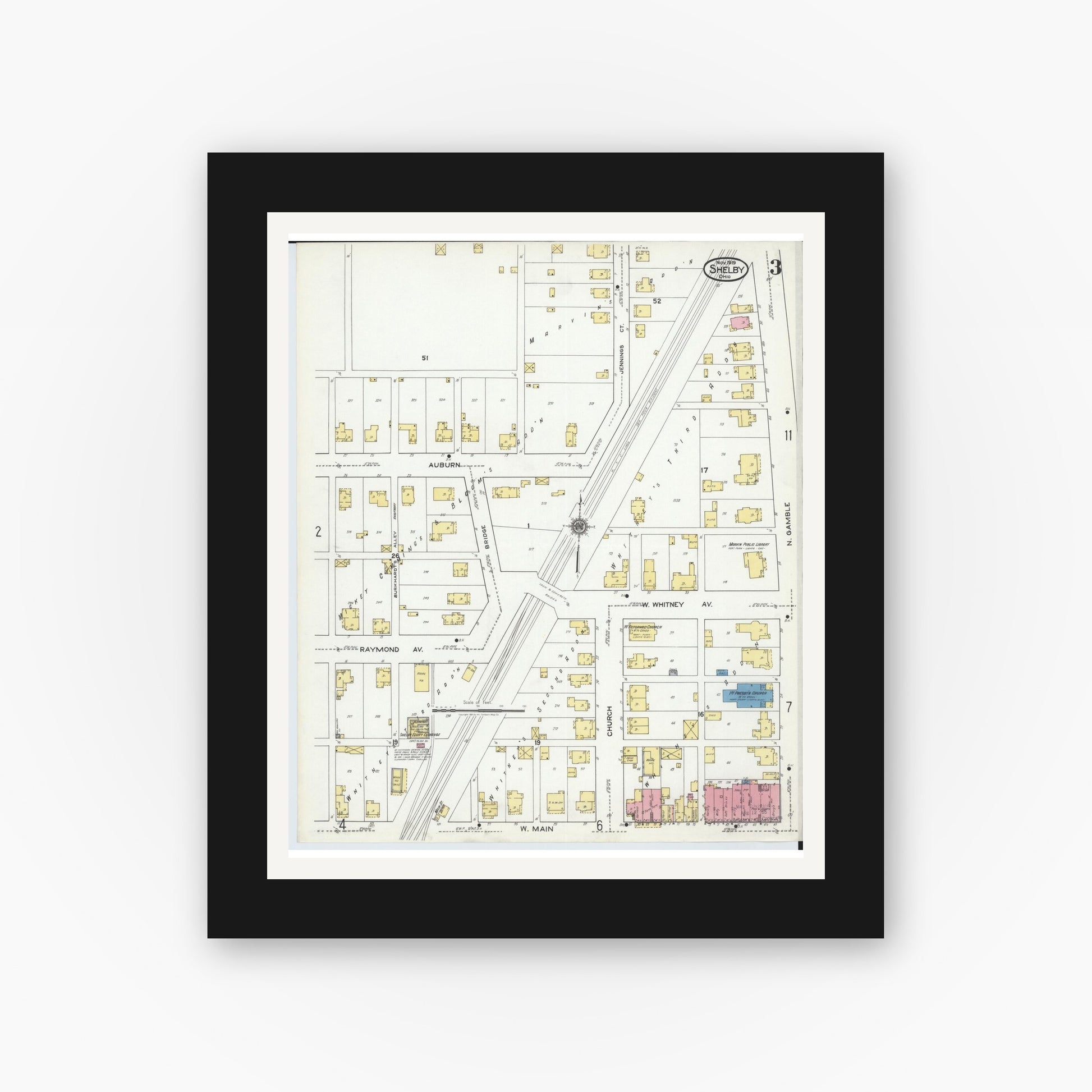 Old map wall art mockup — black gallery frame with white mat — Sanborn Fire Insurance Map from Shelby, Richland County, Ohio (1919), Sheet #0003