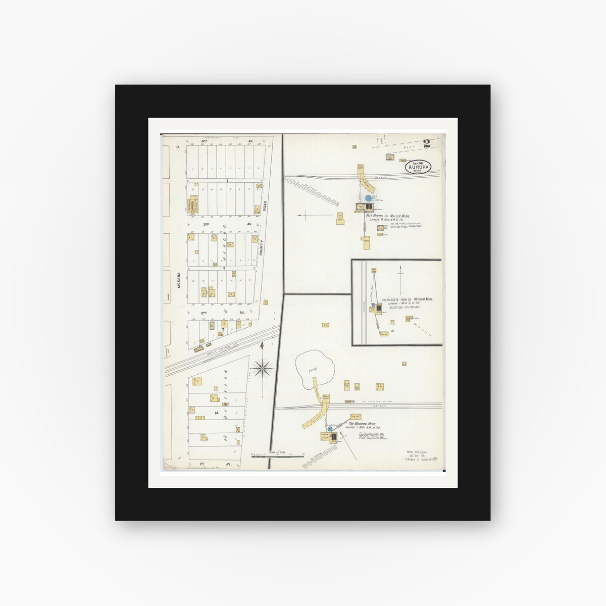 Old map wall art mockup — black gallery frame with white mat — Sanborn Fire Insurance Map from Aurora, Saint Louis County, Minnesota (1906), Sheet #0002