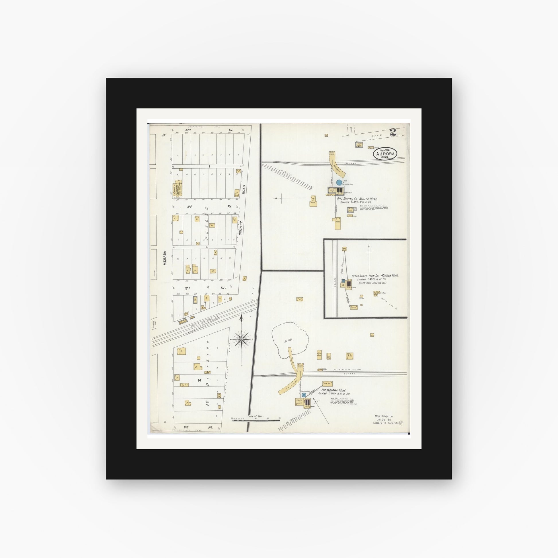 Old map wall art mockup — black gallery frame with white mat — Sanborn Fire Insurance Map from Aurora, Saint Louis County, Minnesota (1906), Sheet #0002