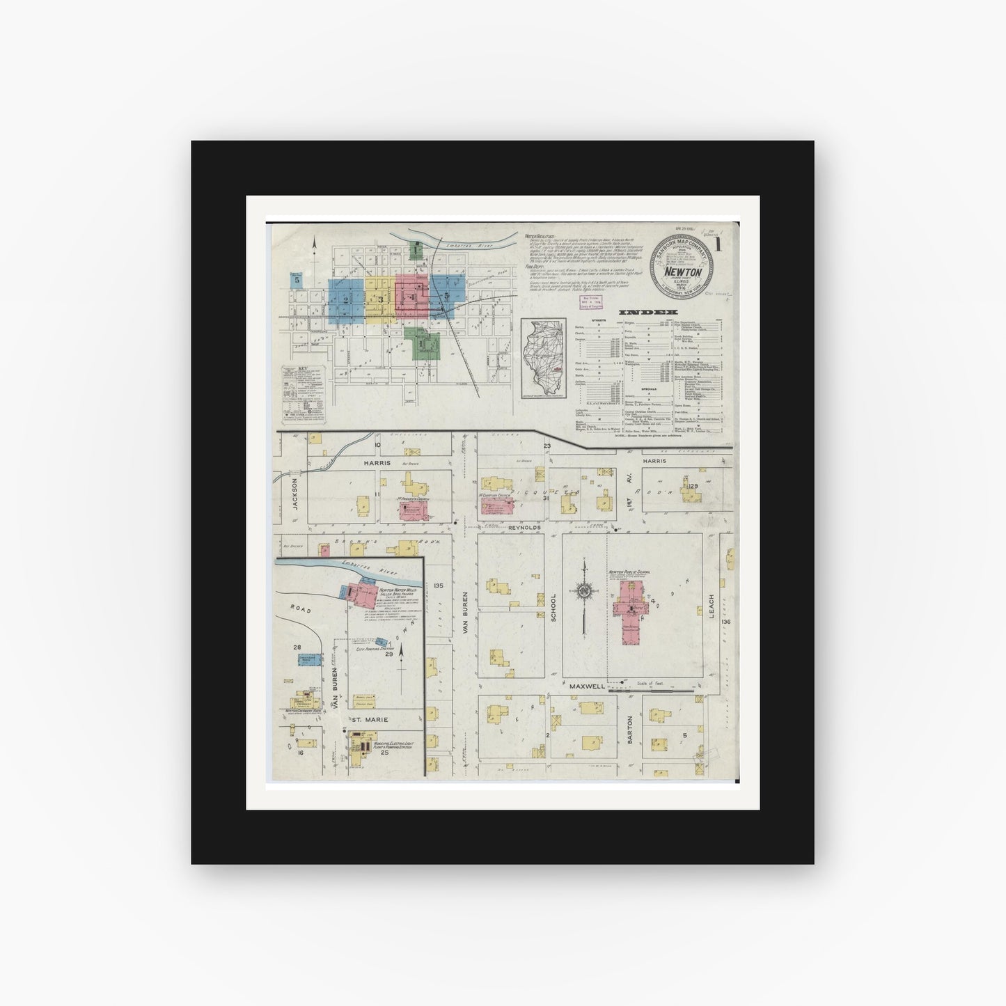 Old map wall art mockup — black gallery frame with white mat — Sanborn Fire Insurance Map from Newton, Jasper County, Illinois (1916), Sheet #0001
