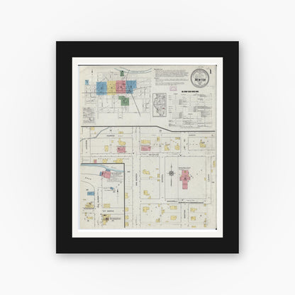 Old map wall art mockup — black gallery frame with white mat — Sanborn Fire Insurance Map from Newton, Jasper County, Illinois (1916), Sheet #0001