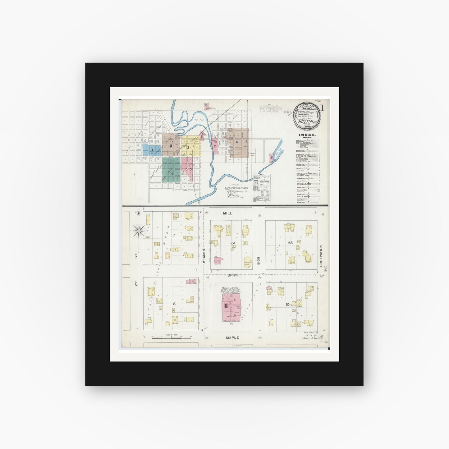 Old map wall art mockup — black gallery frame with white mat — Sanborn Fire Insurance Map from Austin, Mower County, Minnesota (1892) - Complete Map Set