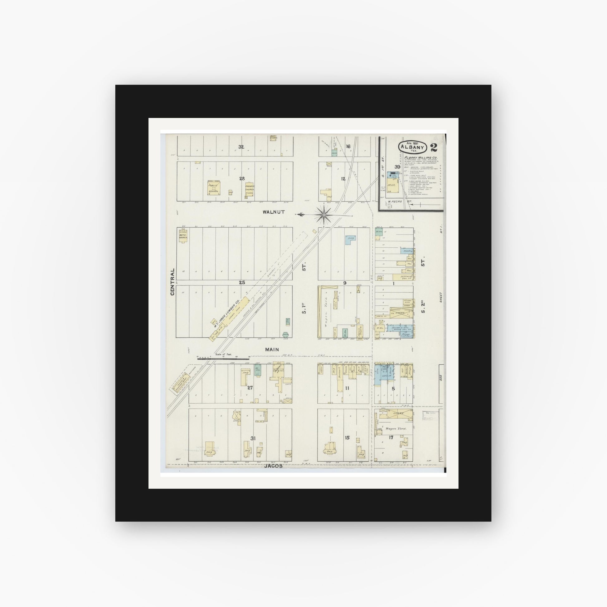 Old map wall art mockup — black gallery frame with white mat — Sanborn Fire Insurance Map from Albany, Shackelford County, Texas (1891), Sheet #0002