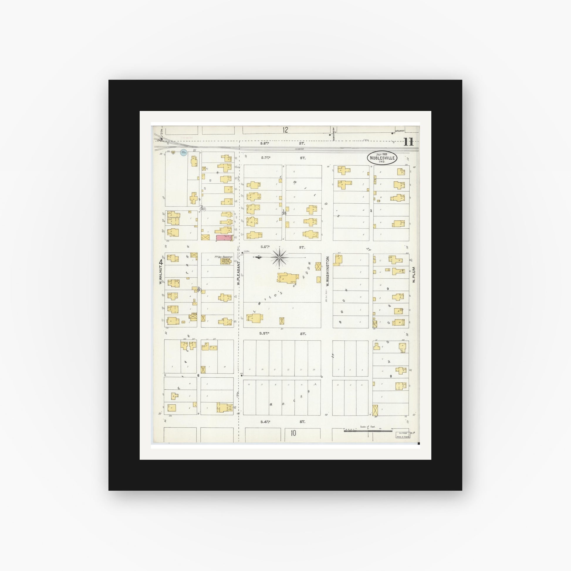 Old map wall art mockup — black gallery frame with white mat — Sanborn Fire Insurance Map from Noblesville, Hamilton County, Indiana (1905), Sheet #0011