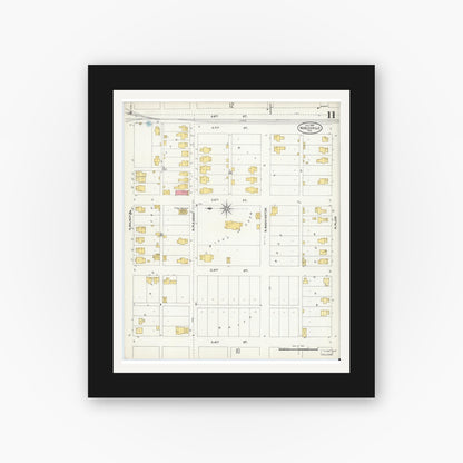 Old map wall art mockup — black gallery frame with white mat — Sanborn Fire Insurance Map from Noblesville, Hamilton County, Indiana (1905), Sheet #0011