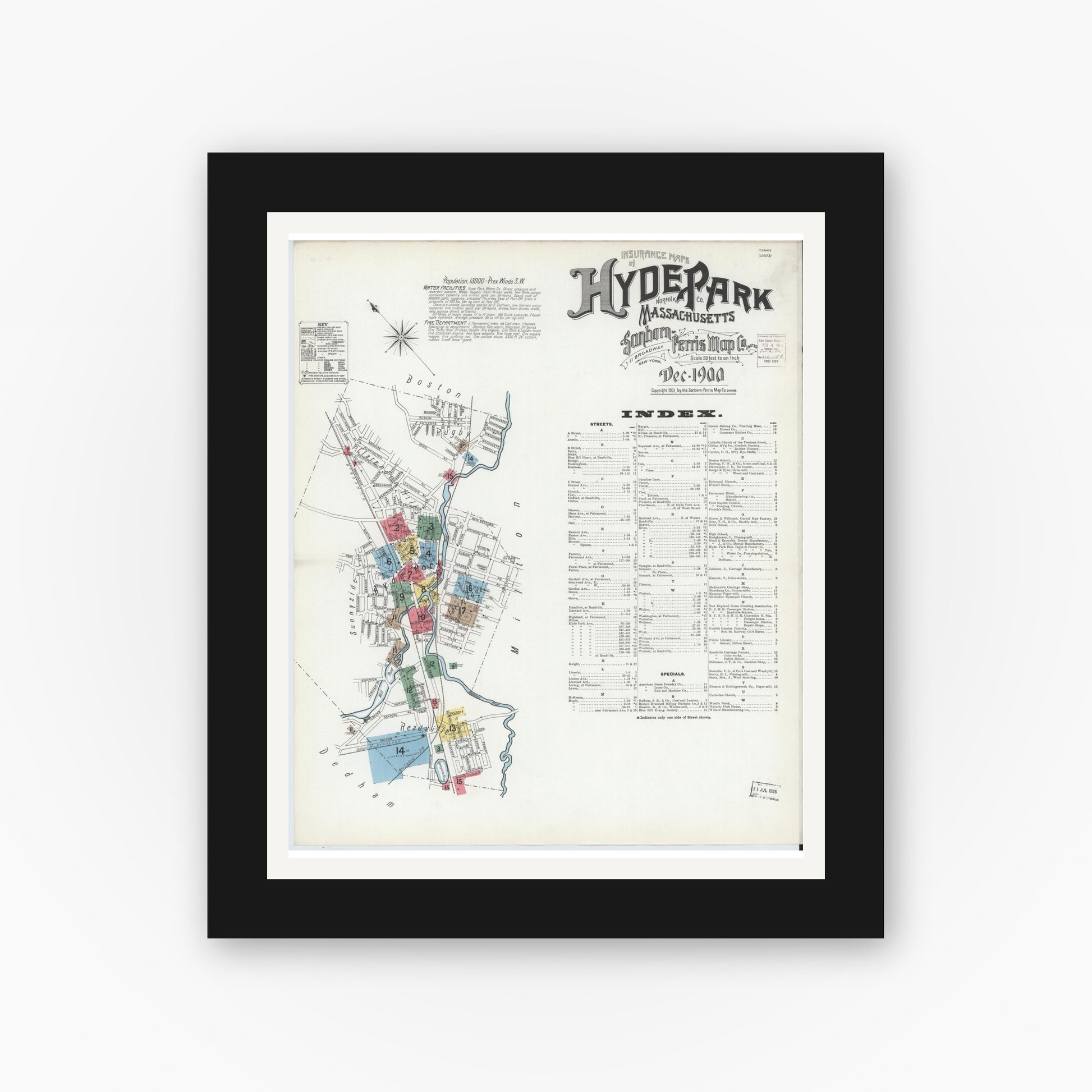 Old map wall art mockup — black gallery frame with white mat — Sanborn Fire Insurance Map from Hyde Park, Norfolk County, Massachusetts (1900), Sheet #0001