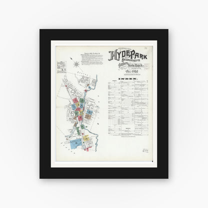Old map wall art mockup — black gallery frame with white mat — Sanborn Fire Insurance Map from Hyde Park, Norfolk County, Massachusetts (1900), Sheet #0001