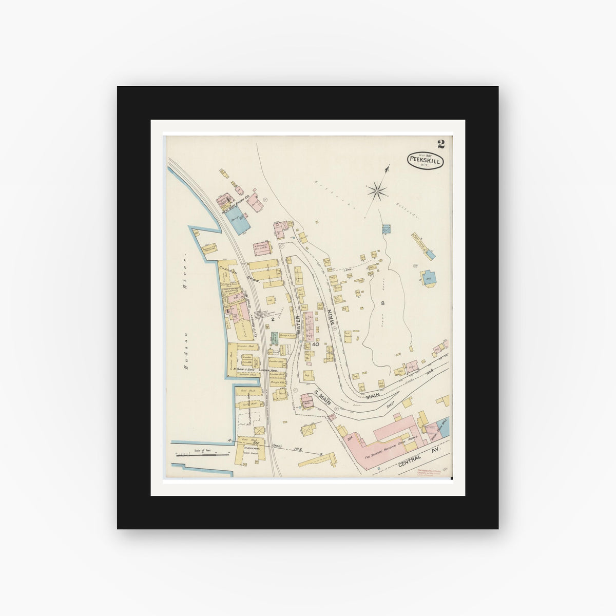 Old map wall art mockup — black gallery frame with white mat — Sanborn Fire Insurance Map from Peekskill, Westchester County, New York (1887), Sheet #0002