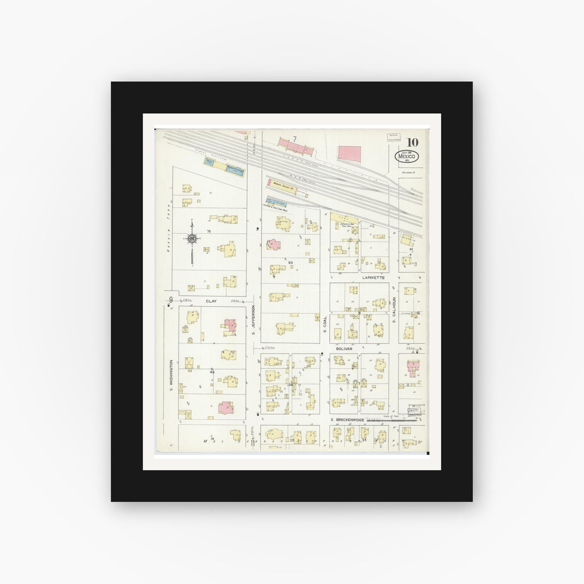 Old map wall art mockup — black gallery frame with white mat — Sanborn Fire Insurance Map from Mexico, Audrain County, Missouri (1914), Sheet #0010