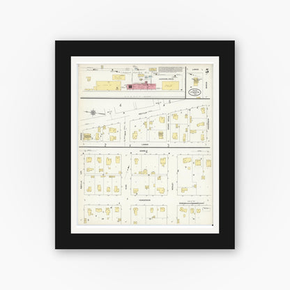 Old map wall art mockup — black gallery frame with white mat — Sanborn Fire Insurance Map from Itasca, Hill County, Texas (1912), Sheet #0005