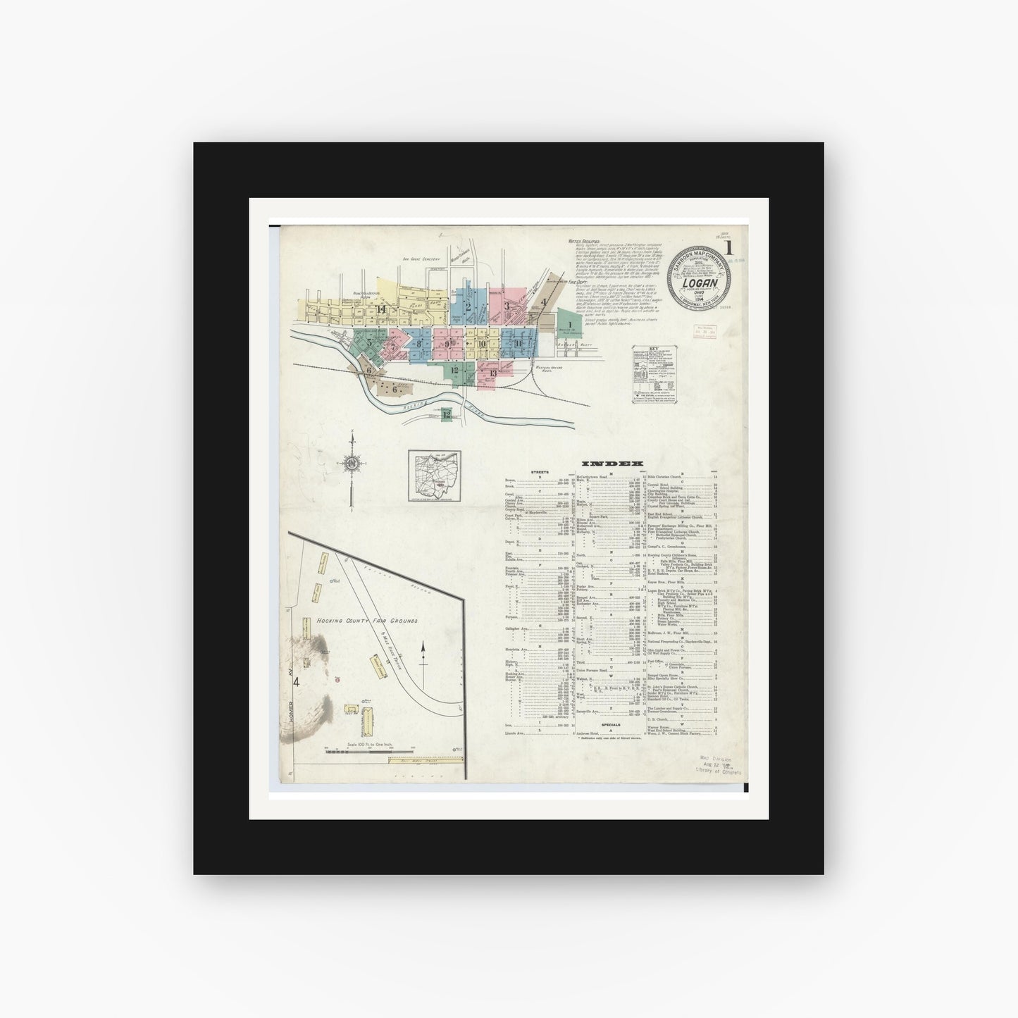 Old map wall art mockup — black gallery frame with white mat — Sanborn Fire Insurance Map from Logan, Hocking County, Ohio (1914) - Complete Map Set