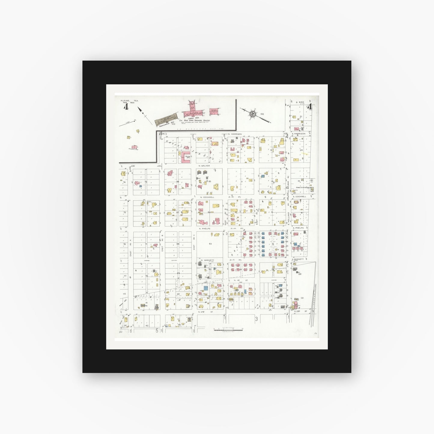 Old map wall art mockup — black gallery frame with white mat — Sanborn Fire Insurance Map from Alpine, Brewster County, Texas (1933), Sheet #0004