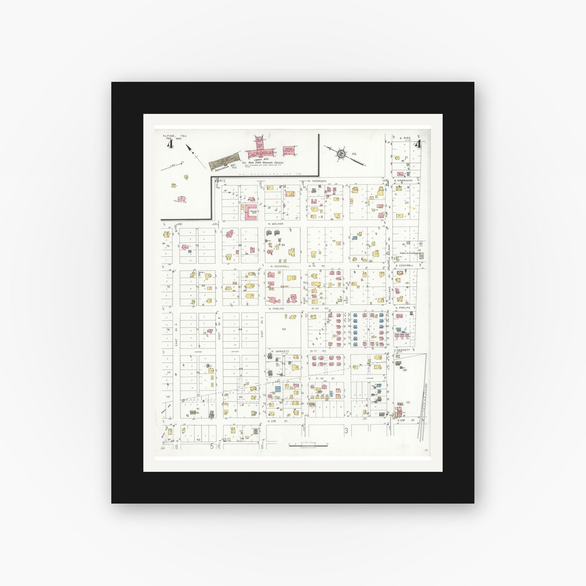Old map wall art mockup — black gallery frame with white mat — Sanborn Fire Insurance Map from Alpine, Brewster County, Texas (1933), Sheet #0004