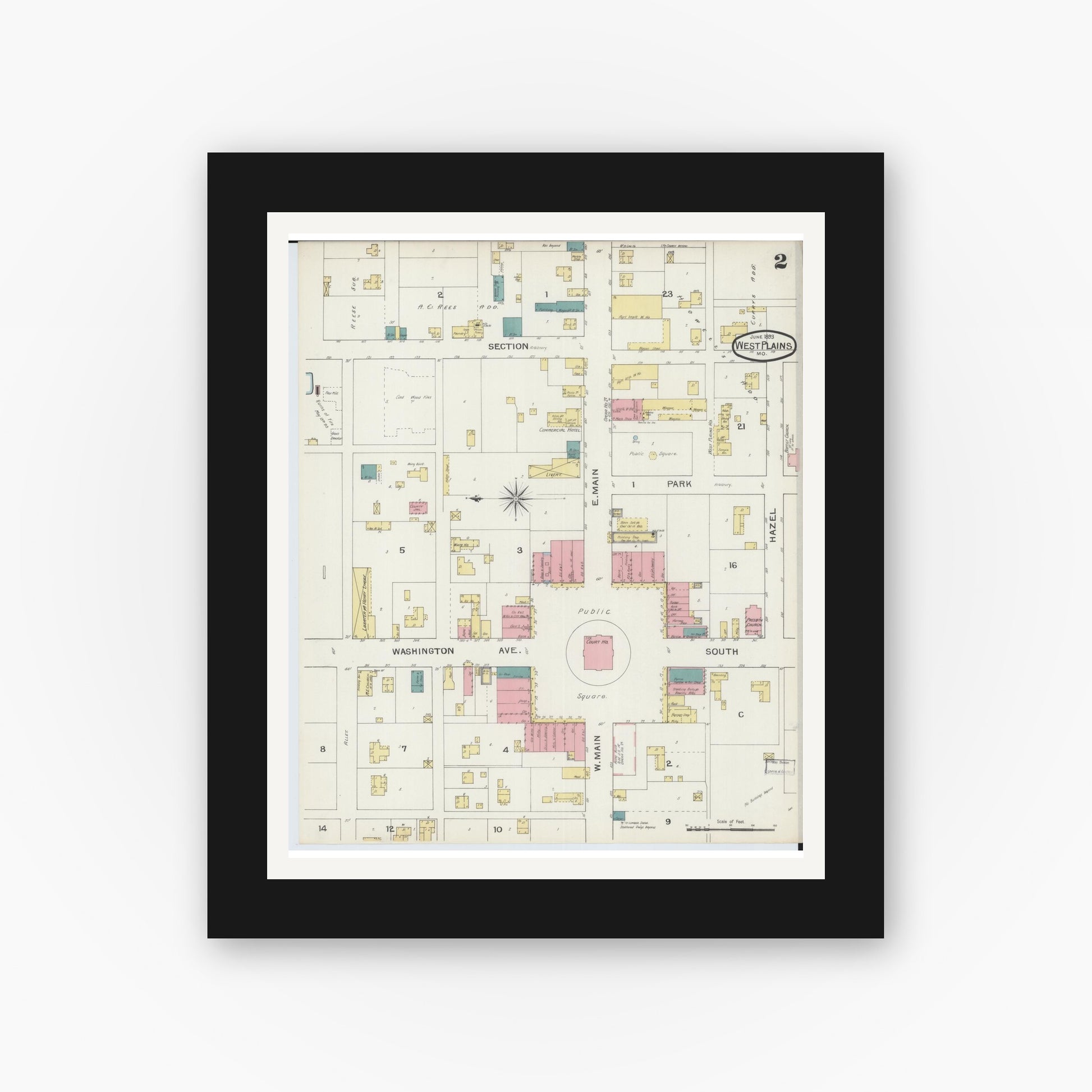 Old map wall art mockup — black gallery frame with white mat — Sanborn Fire Insurance Map from West Plains, Howell County, Missouri (1893), Sheet #0002