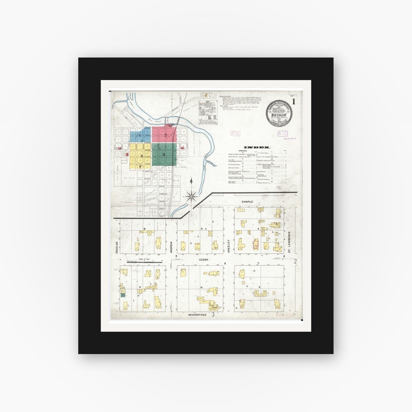 Old map wall art mockup — black gallery frame with white mat — Sanborn Fire Insurance Map from Nashua, Chickasaw County, Iowa (1909) â€” Complete Set