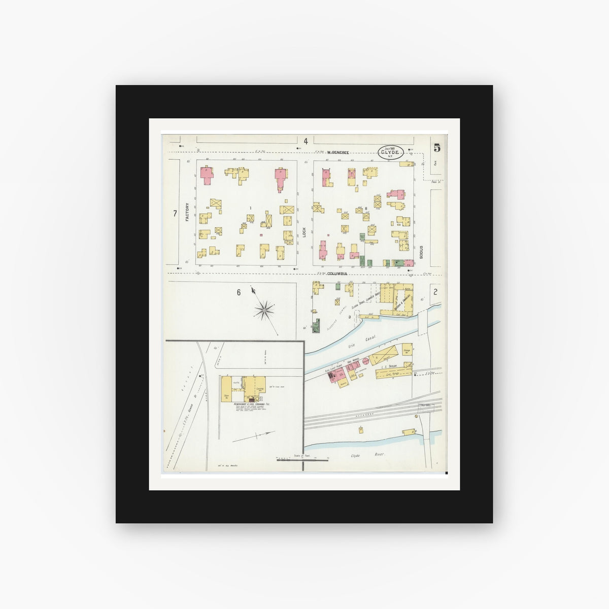 Old map wall art mockup — black gallery frame with white mat — Sanborn Fire Insurance Map from Clyde, Wayne County, New York (1901), Sheet #0005