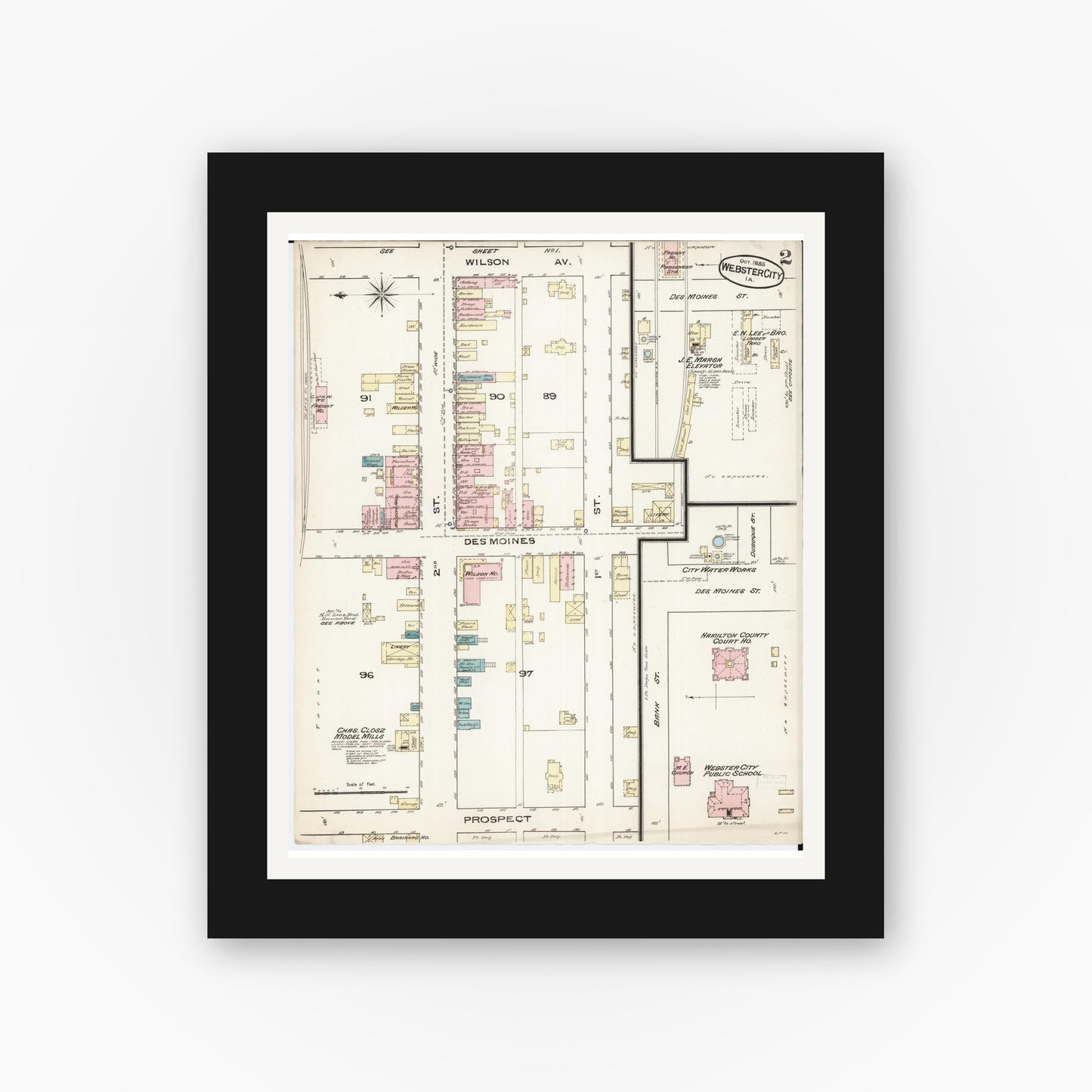 Old map wall art mockup — black gallery frame with white mat — Sanborn Fire Insurance Map from Webster City, Hamilton County, Iowa (1885), Sheet #0002