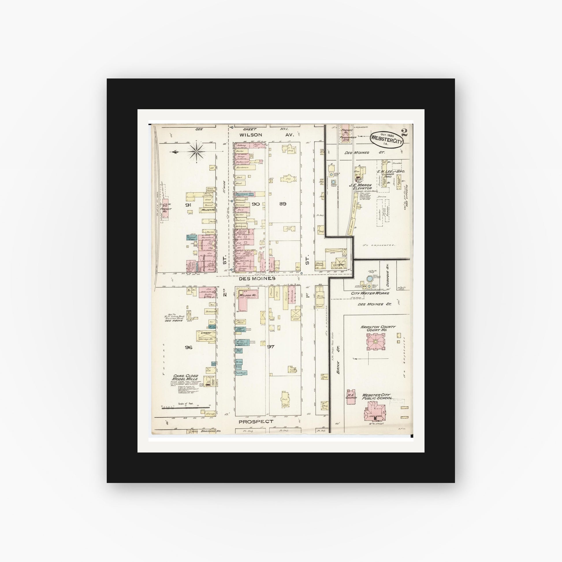 Old map wall art mockup — black gallery frame with white mat — Sanborn Fire Insurance Map from Webster City, Hamilton County, Iowa (1885), Sheet #0002