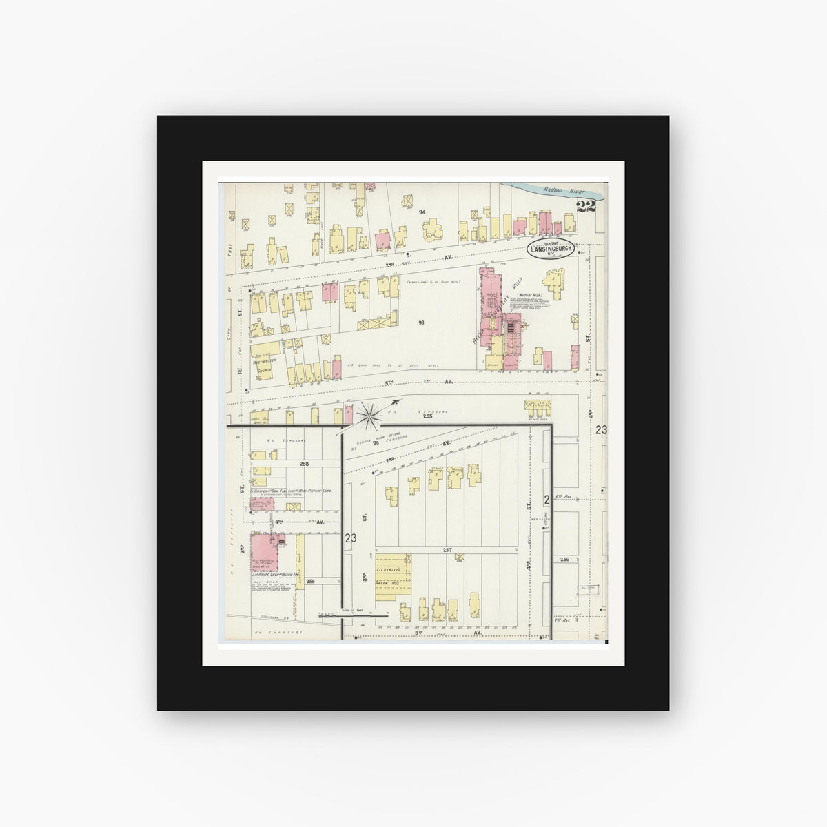 Old map wall art mockup — black gallery frame with white mat — Sanborn Fire Insurance Map from Lansingburg, Rensselaer County, New York (1897), Sheet #0022