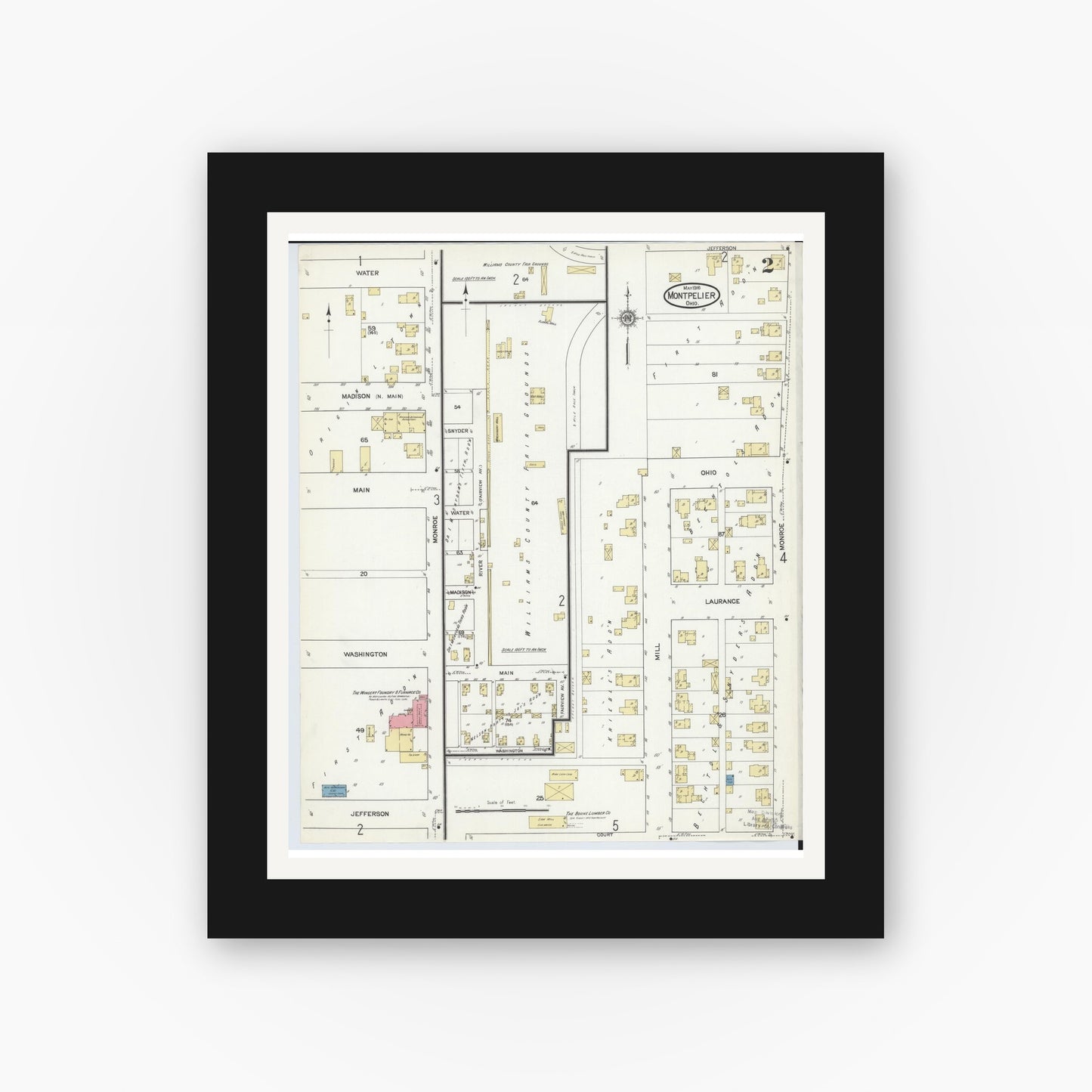 Old map wall art mockup — black gallery frame with white mat — Sanborn Fire Insurance Map from Montpelier, Williams County, Ohio (1916), Sheet #0002