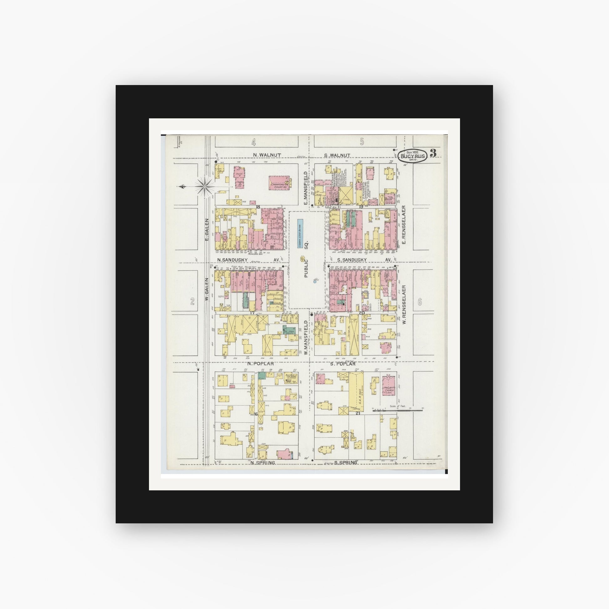 Old map wall art mockup — black gallery frame with white mat — Sanborn Fire Insurance Map from Bucyrus, Crawford County, Ohio (1892), Sheet #0003