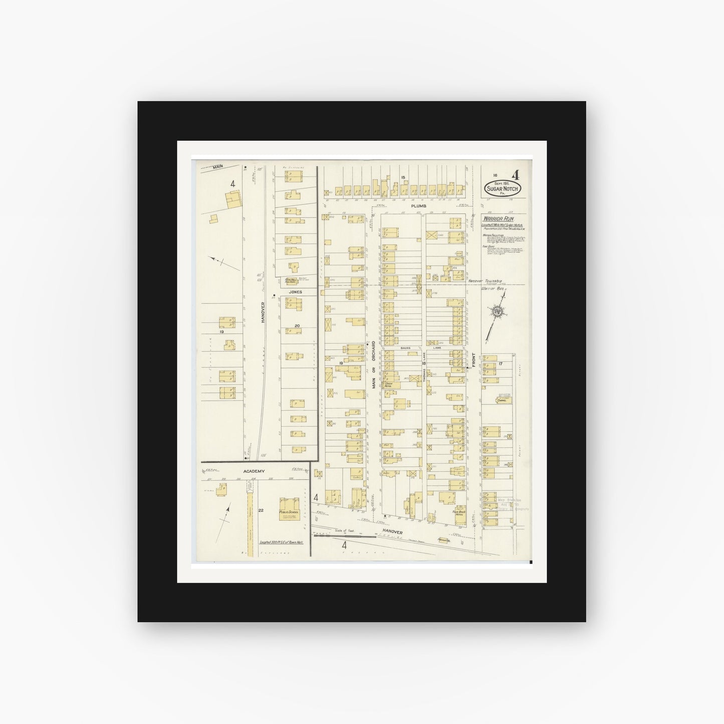 Old map wall art mockup — black gallery frame with white mat — Sanborn Fire Insurance Map from Sugar Notch, Luzerne County, Pennsylvania (1911), Sheet #0004