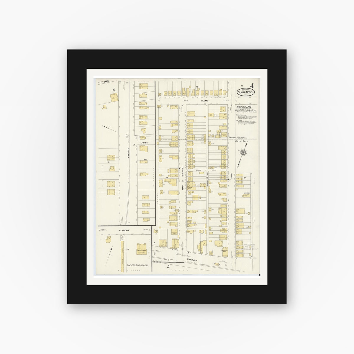Old map wall art mockup — black gallery frame with white mat — Sanborn Fire Insurance Map from Sugar Notch, Luzerne County, Pennsylvania (1911), Sheet #0004