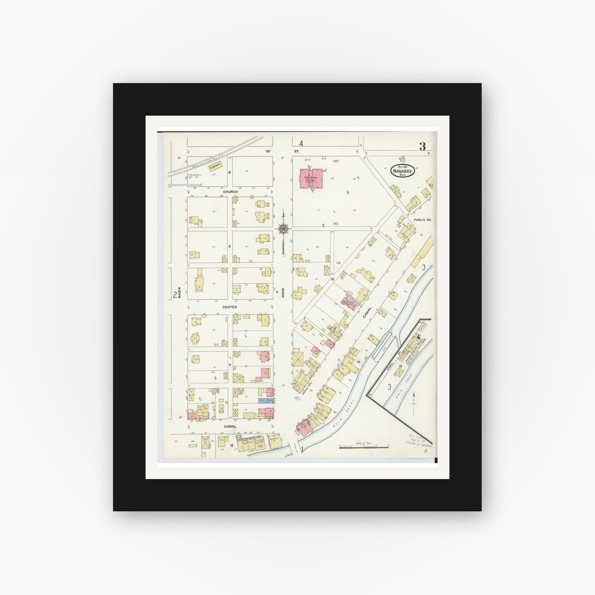 Old map wall art mockup — black gallery frame with white mat — Sanborn Fire Insurance Map from Navarre, Stark County, Ohio (1911), Sheet #0003