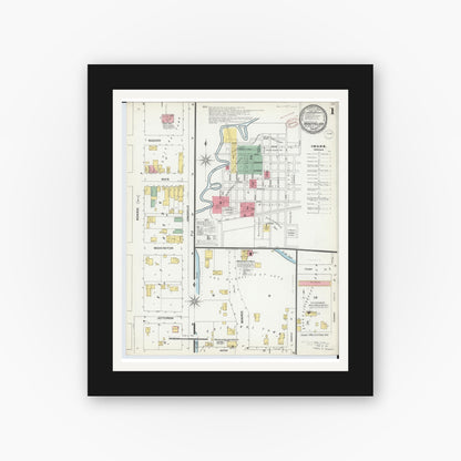 Old map wall art mockup — black gallery frame with white mat — Sanborn Fire Insurance Map from Montpelier, Williams County, Ohio (1899), Sheet #0001