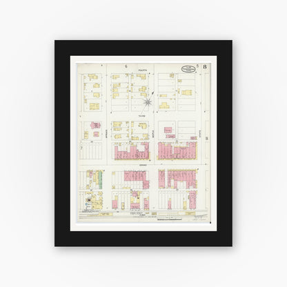 Old map wall art mockup — black gallery frame with white mat — Sanborn Fire Insurance Map from Texarkana, Bowie County, Texas (1896), Sheet #0008