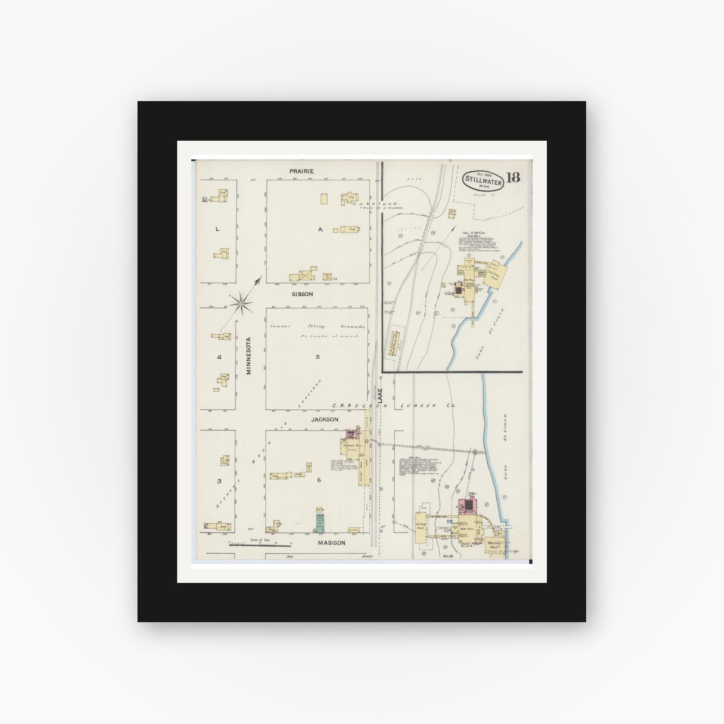 Old map wall art mockup — black gallery frame with white mat — Sanborn Fire Insurance Map from Stillwater, Washington County, Minnesota (1888), Sheet #0018