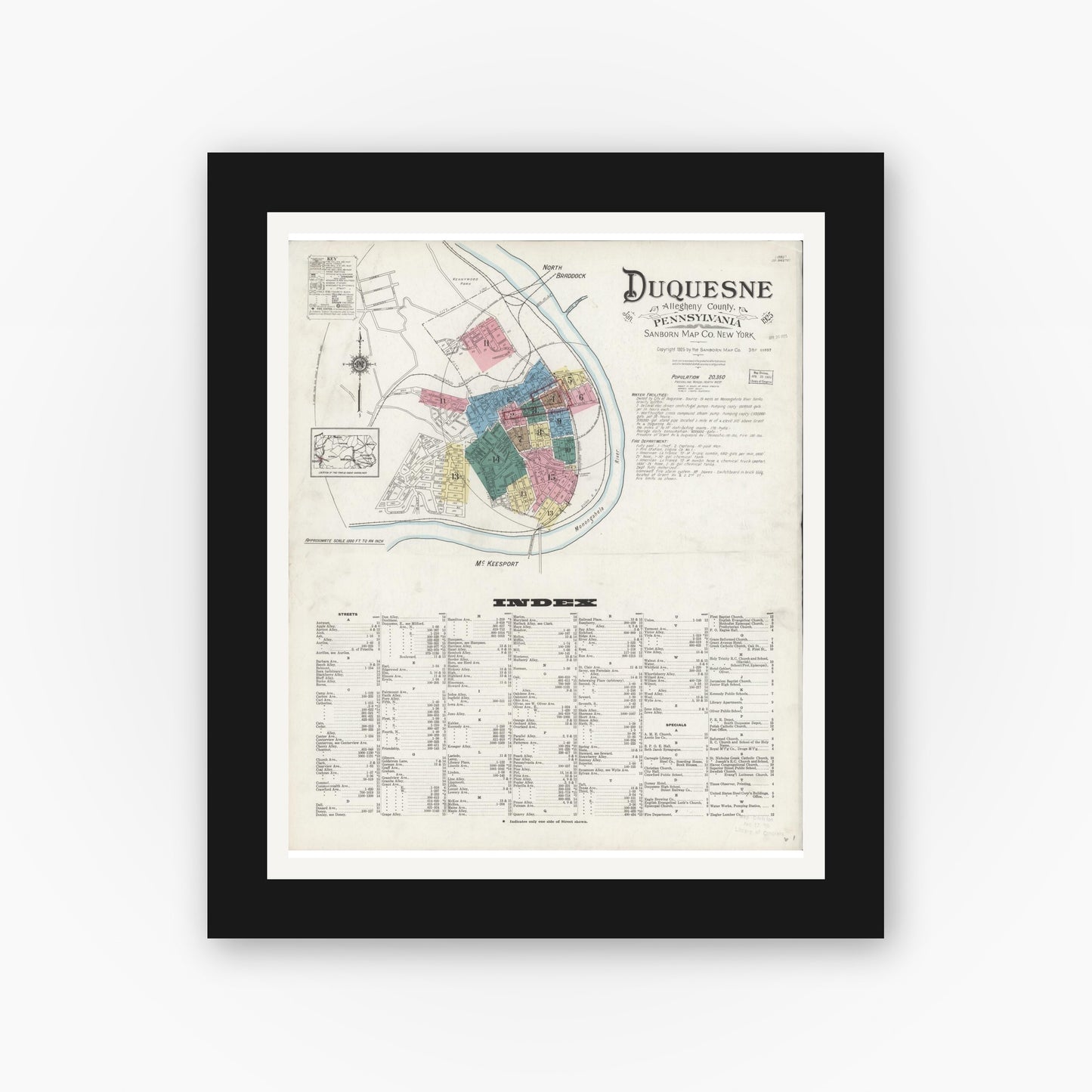 Old map wall art mockup — black gallery frame with white mat — Sanborn Fire Insurance Map from Duquesne, Allegheny County, Pennsylvania (1925), Sheet #0001