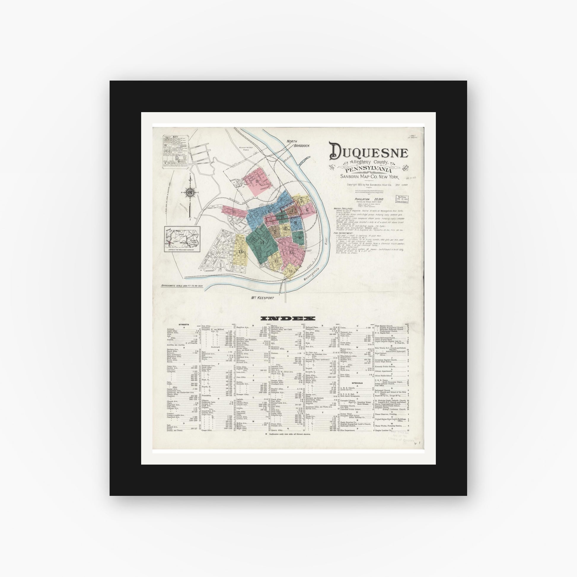 Old map wall art mockup — black gallery frame with white mat — Sanborn Fire Insurance Map from Duquesne, Allegheny County, Pennsylvania (1925), Sheet #0001