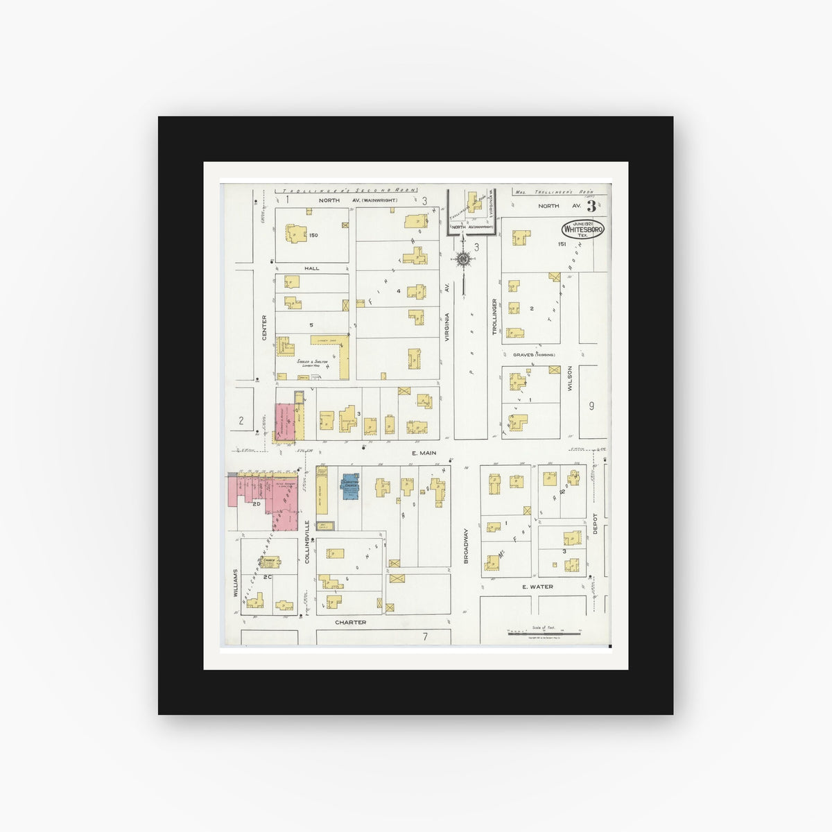 Old map wall art mockup — black gallery frame with white mat — Sanborn Fire Insurance Map from Whitesboro, Grayson County, Texas (1921), Sheet #0003