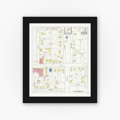 Old map wall art mockup — black gallery frame with white mat — Sanborn Fire Insurance Map from Whitesboro, Grayson County, Texas (1921), Sheet #0003