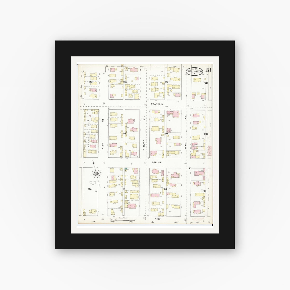 Old map wall art mockup — black gallery frame with white mat — Sanborn Fire Insurance Map from Burlington, Des Moines County, Iowa (1892), Sheet #0018