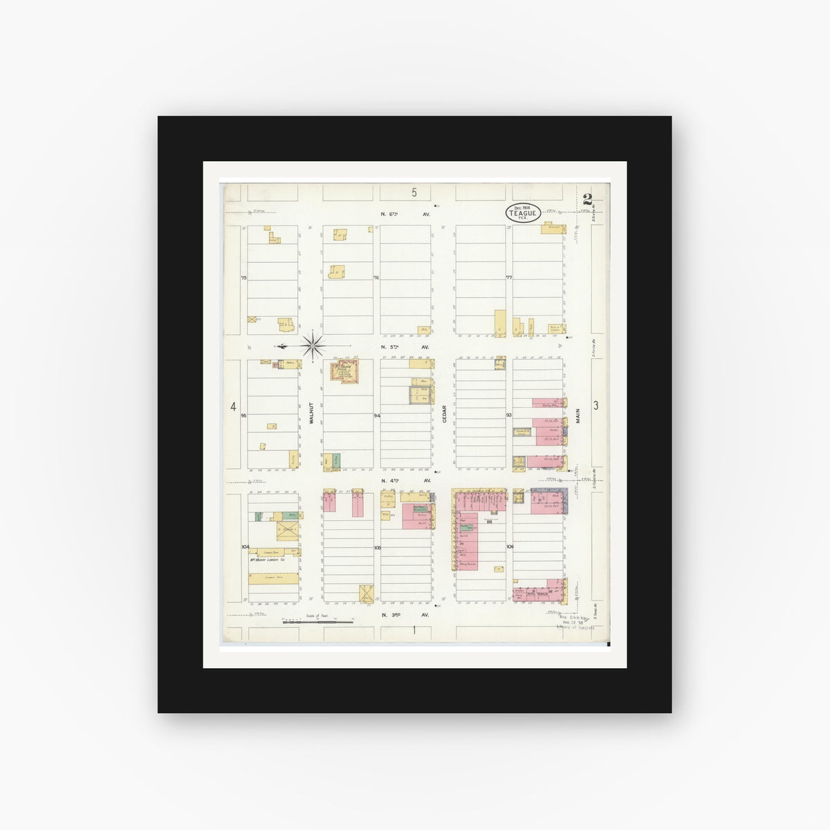 Old map wall art mockup — black gallery frame with white mat — Sanborn Fire Insurance Map from Teague, Freestone County, Texas (1908), Sheet #0002