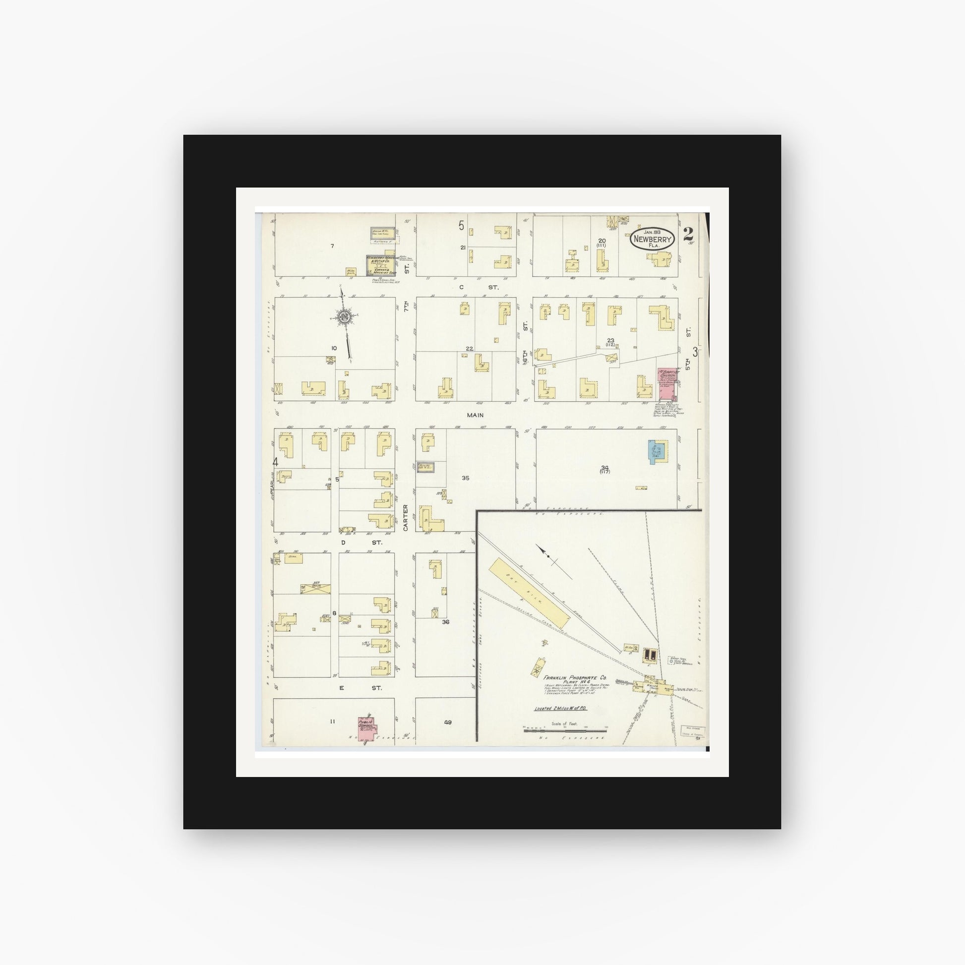 Old map wall art mockup — black gallery frame with white mat — Sanborn Fire Insurance Map from Newberry, Alachua County, Florida (1913), Sheet #0002