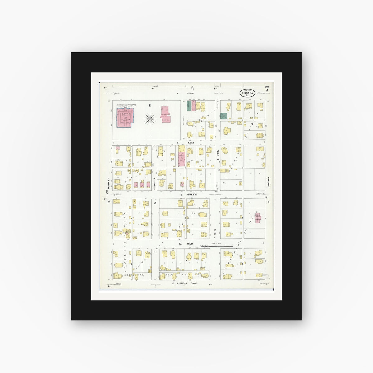 Old map wall art mockup — black gallery frame with white mat — Sanborn Fire Insurance Map from Urbana, Champaign County, Illinois (1909), Sheet #0007