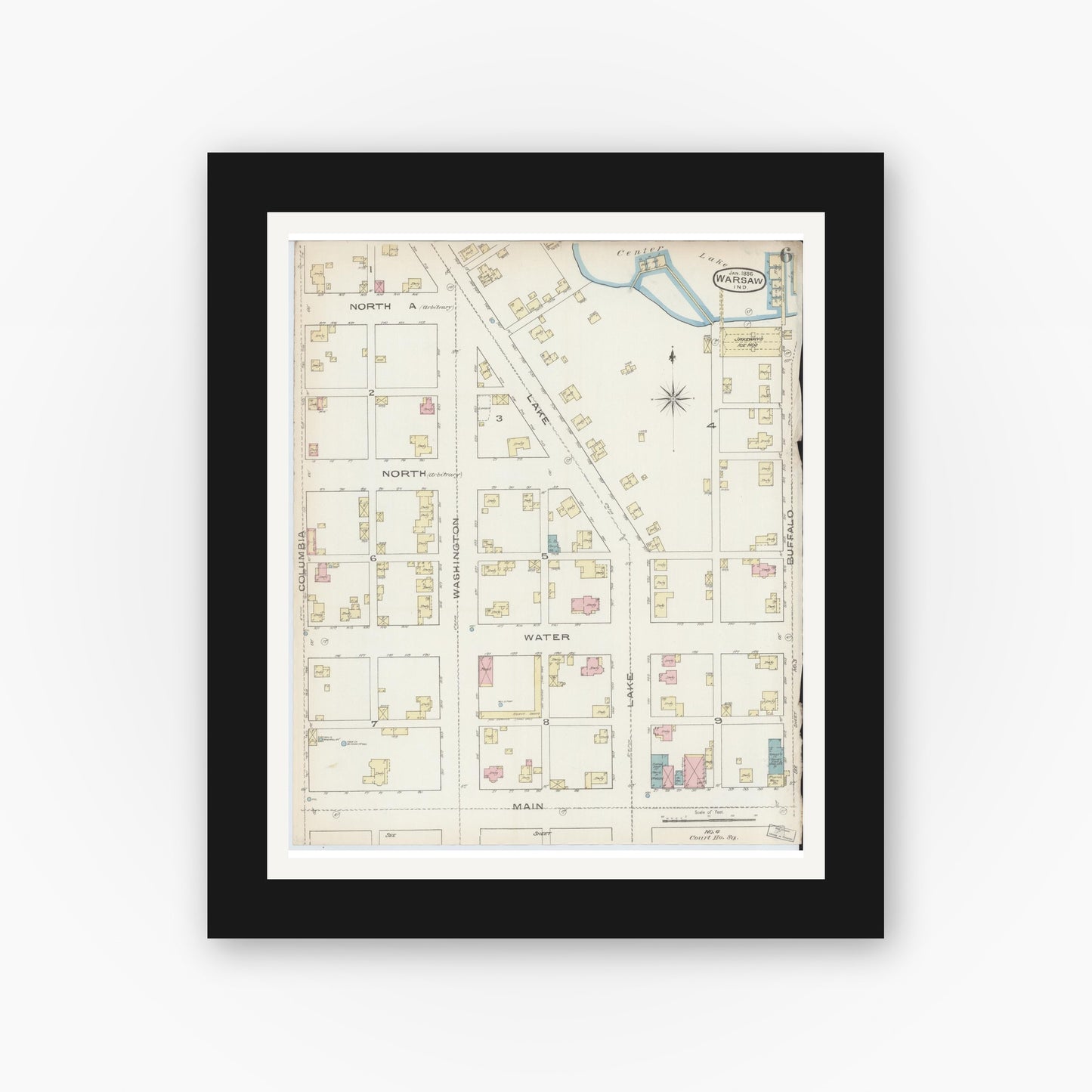 Old map wall art mockup — black gallery frame with white mat — Sanborn Fire Insurance Map from Warsaw, Kosciusko County, Indiana (1886), Sheet #0006