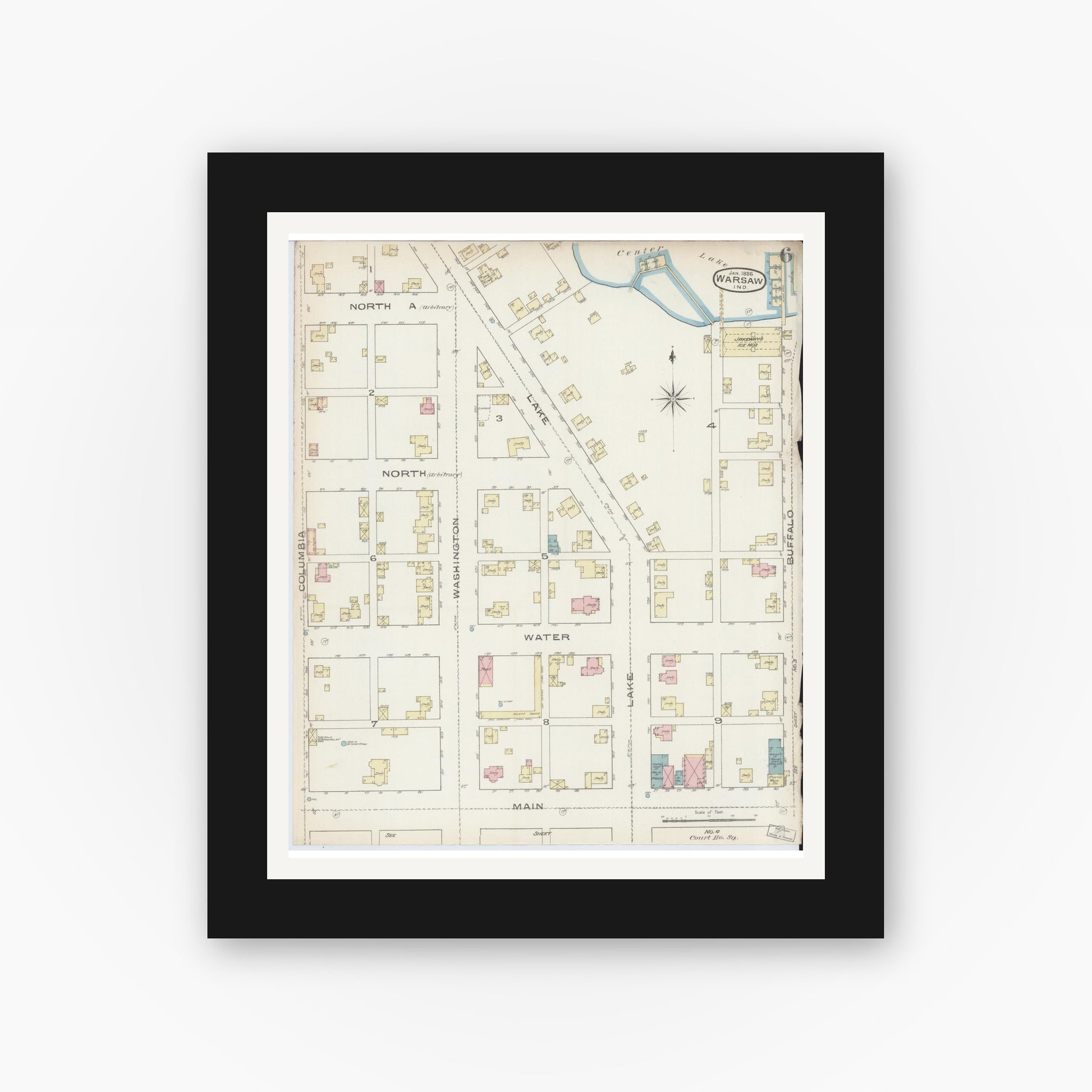 Old map wall art mockup — black gallery frame with white mat — Sanborn Fire Insurance Map from Warsaw, Kosciusko County, Indiana (1886), Sheet #0006