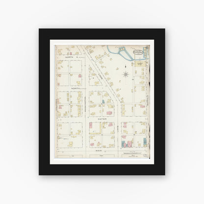 Old map wall art mockup — black gallery frame with white mat — Sanborn Fire Insurance Map from Warsaw, Kosciusko County, Indiana (1886), Sheet #0006