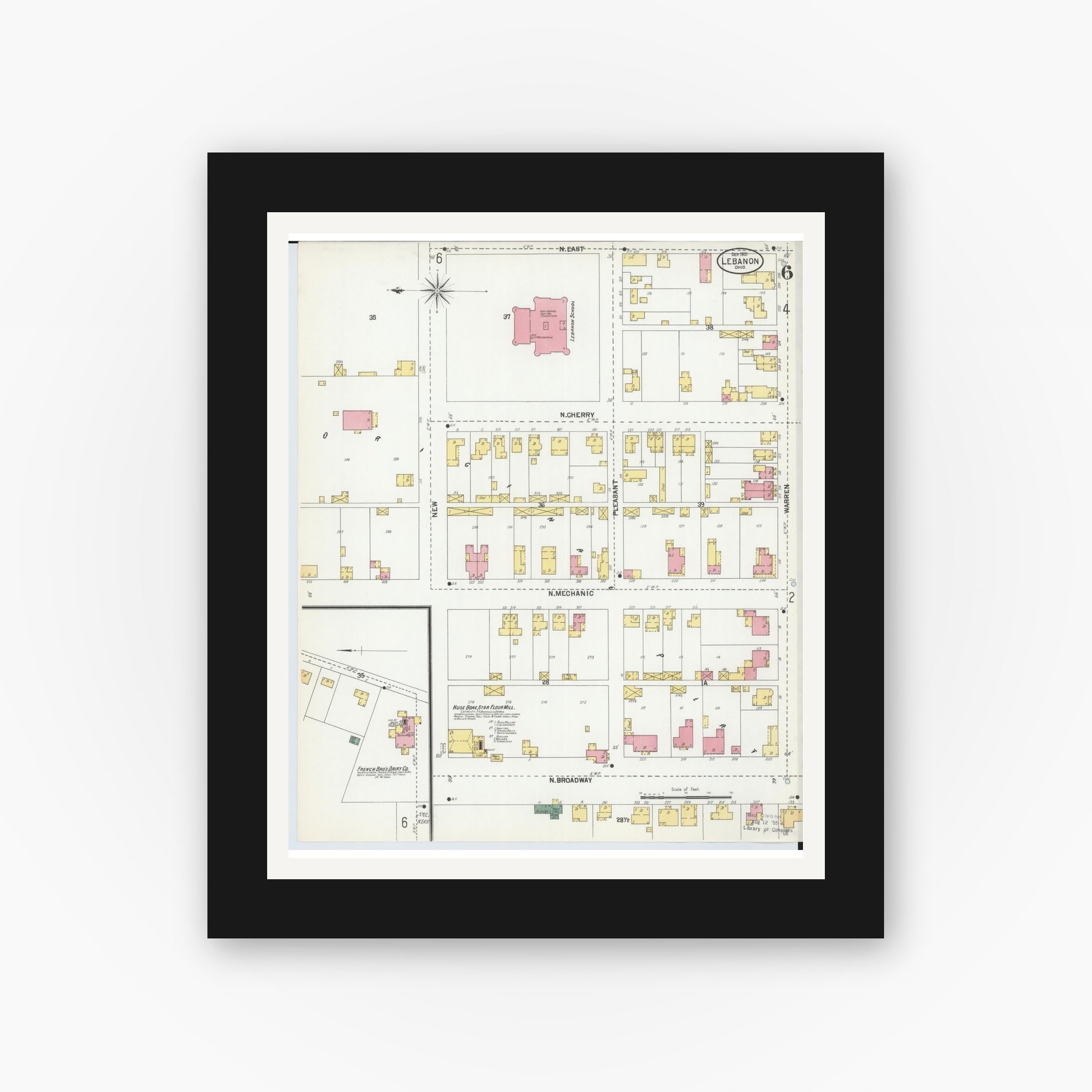 Old map wall art mockup — black gallery frame with white mat — Sanborn Fire Insurance Map from Lebanon, Warren County, Ohio (1901), Sheet #0006