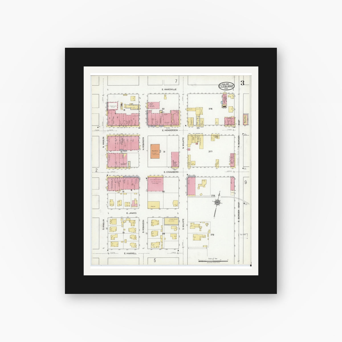 Old map wall art mockup — black gallery frame with white mat — Sanborn Fire Insurance Map from Cleburne, Johnson County, Texas (1918), Sheet #0003