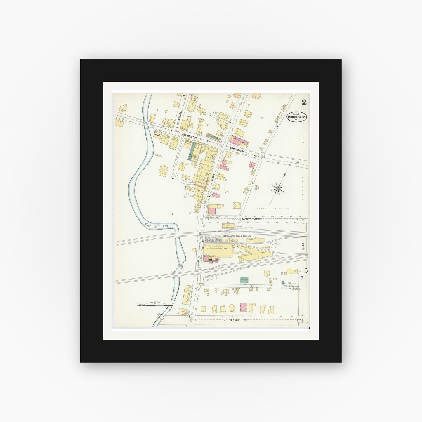 Old map wall art mockup — black gallery frame with white mat — Sanborn Fire Insurance Map from Montgomery, Lycoming County, Pennsylvania (1901), Sheet #0002