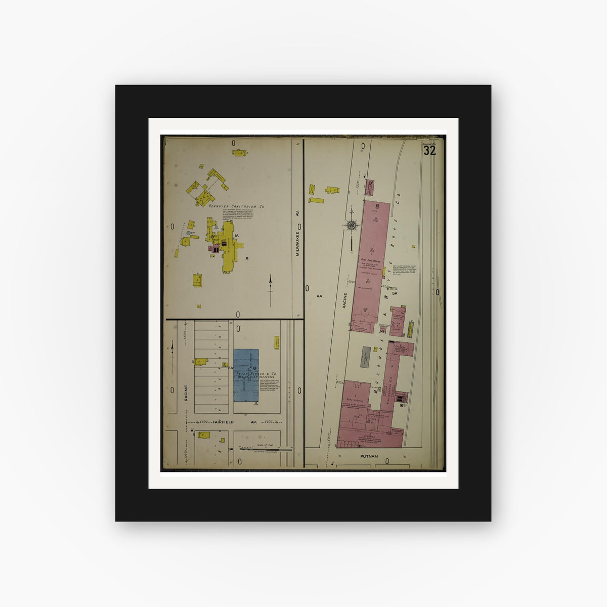 Old map wall art mockup — black gallery frame with white mat — Sanborn Fire Insurance Map from Kenosha, Kenosha County, Wisconsin. (1918), Sheet 36