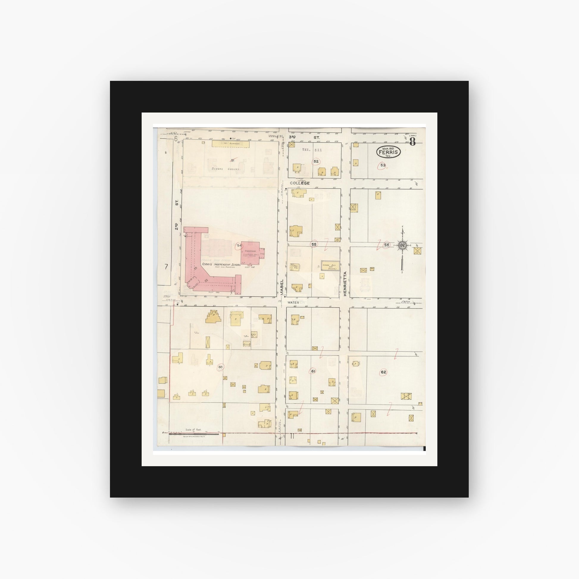 Old map wall art mockup — black gallery frame with white mat — Sanborn Fire Insurance Map from Ferris, Ellis County, Texas (1941), Sheet #0008