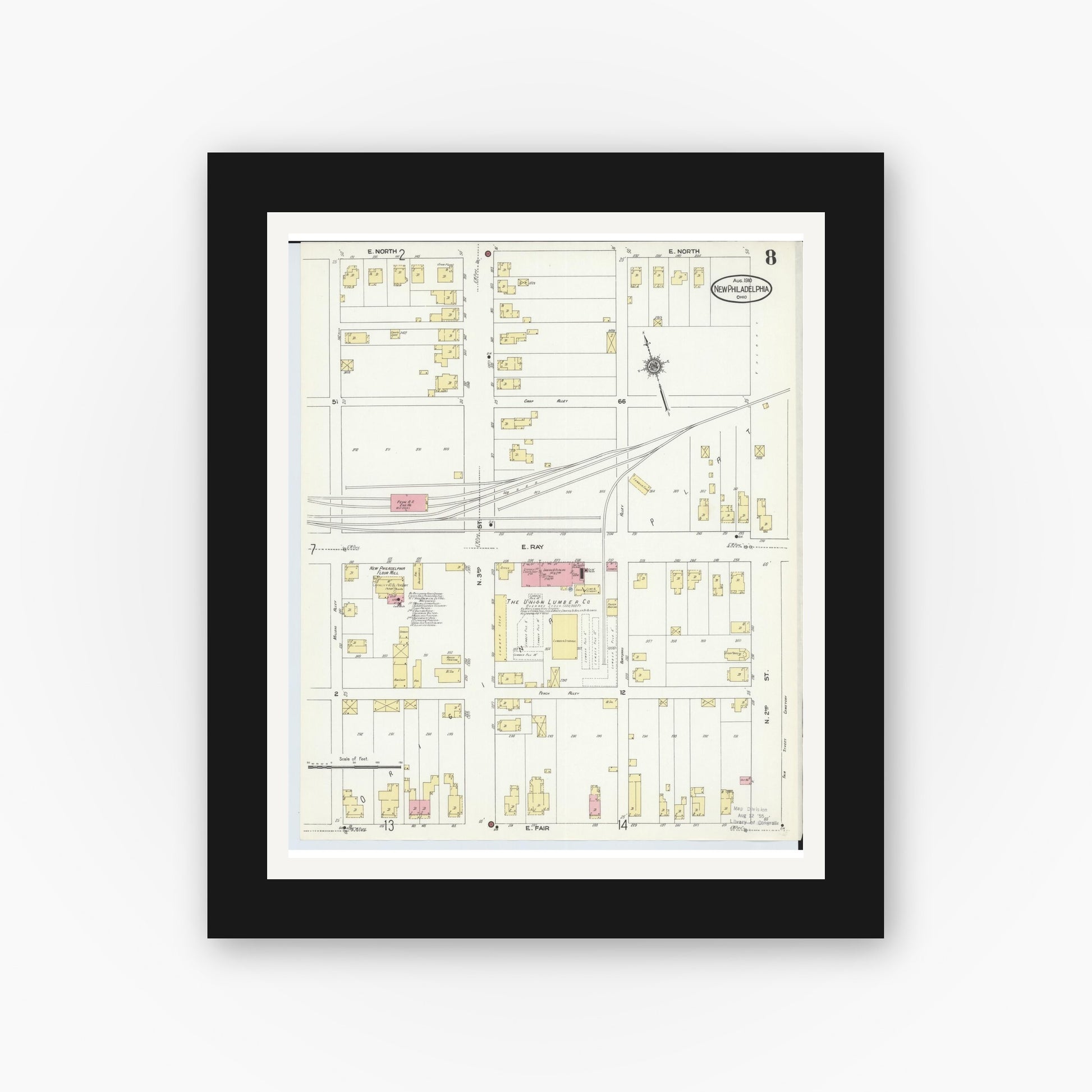 Old map wall art mockup — black gallery frame with white mat — Sanborn Fire Insurance Map from New Philadelphia, Tuscarawas County, Ohio (1910), Sheet #0008